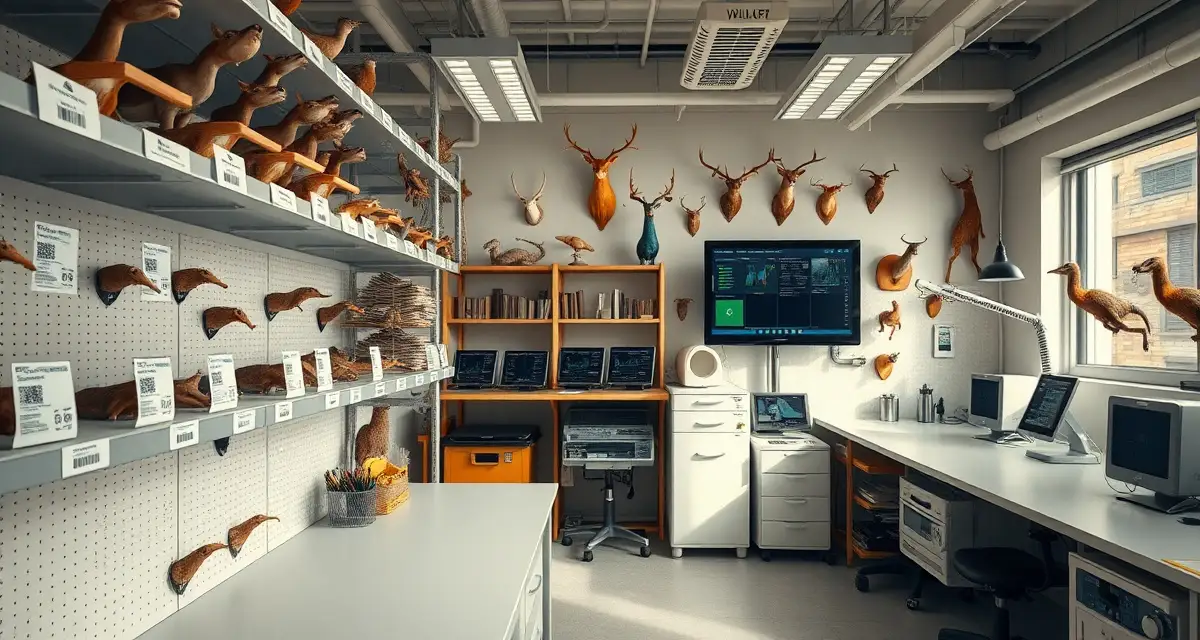 Four-layer specimen tracking and loss prevention workflow Organized taxidermy shop workspace demonstrating specimen loss prevention system with QR tags and digital tracking technology