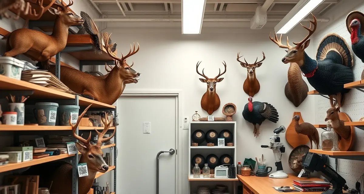 QR tag specimen management in taxidermy shop Taxidermy shop using QR code tags for specimen tracking and organization to prevent mount mix-ups