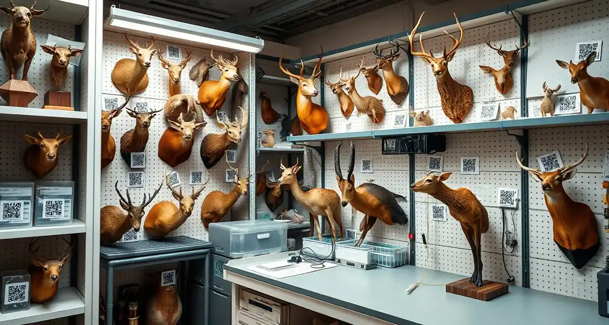Digital specimen management workflow Organized taxidermy shop workspace with digital QR code specimen tracking tags preventing mix-ups