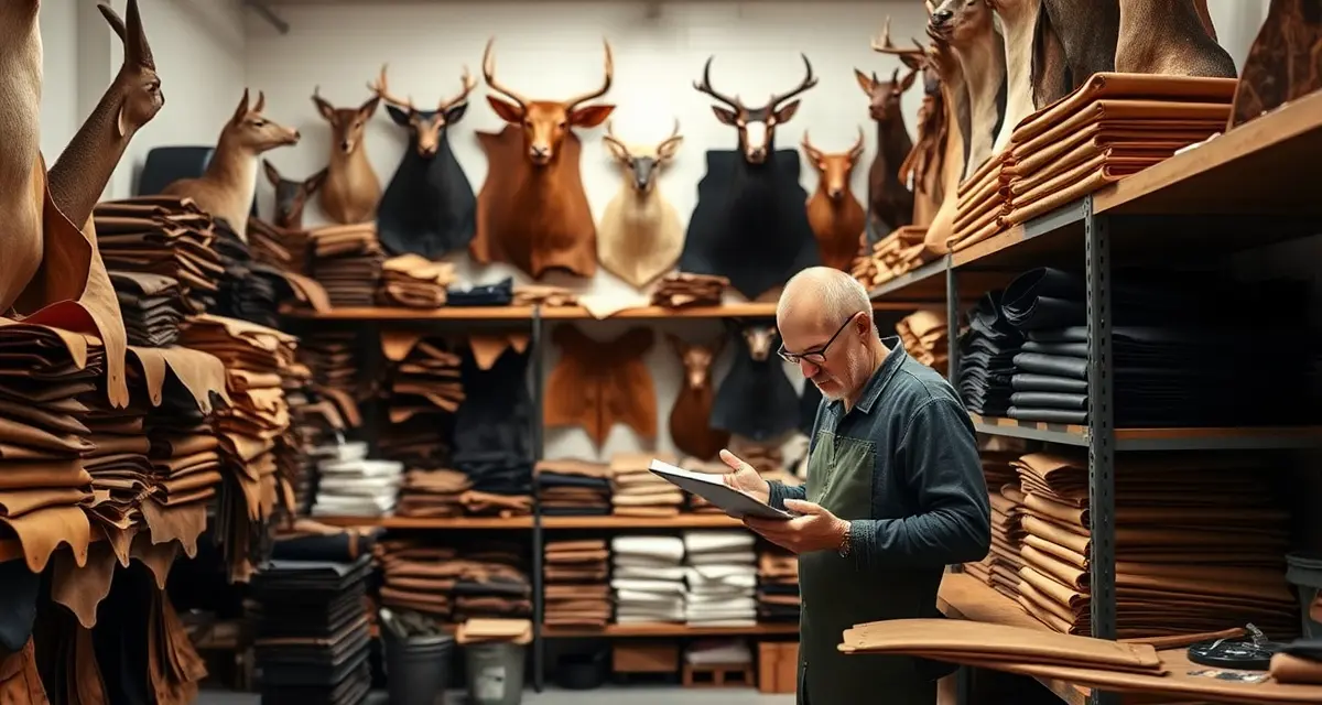 Evaluating tannery quality and performance Taxidermist examining tanned leather hides for quality comparison in professional workshop setting