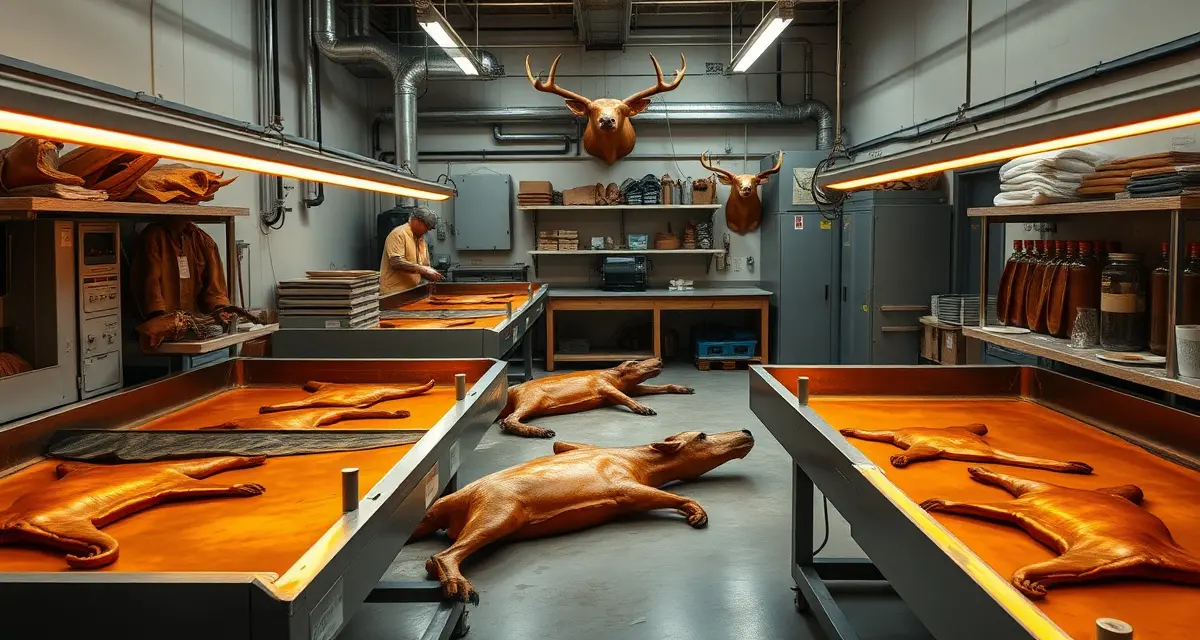 Tannery hide processing and preservation workflow Professional taxidermy tannery processing raw animal hides through chemical treatment in organized industrial workspace