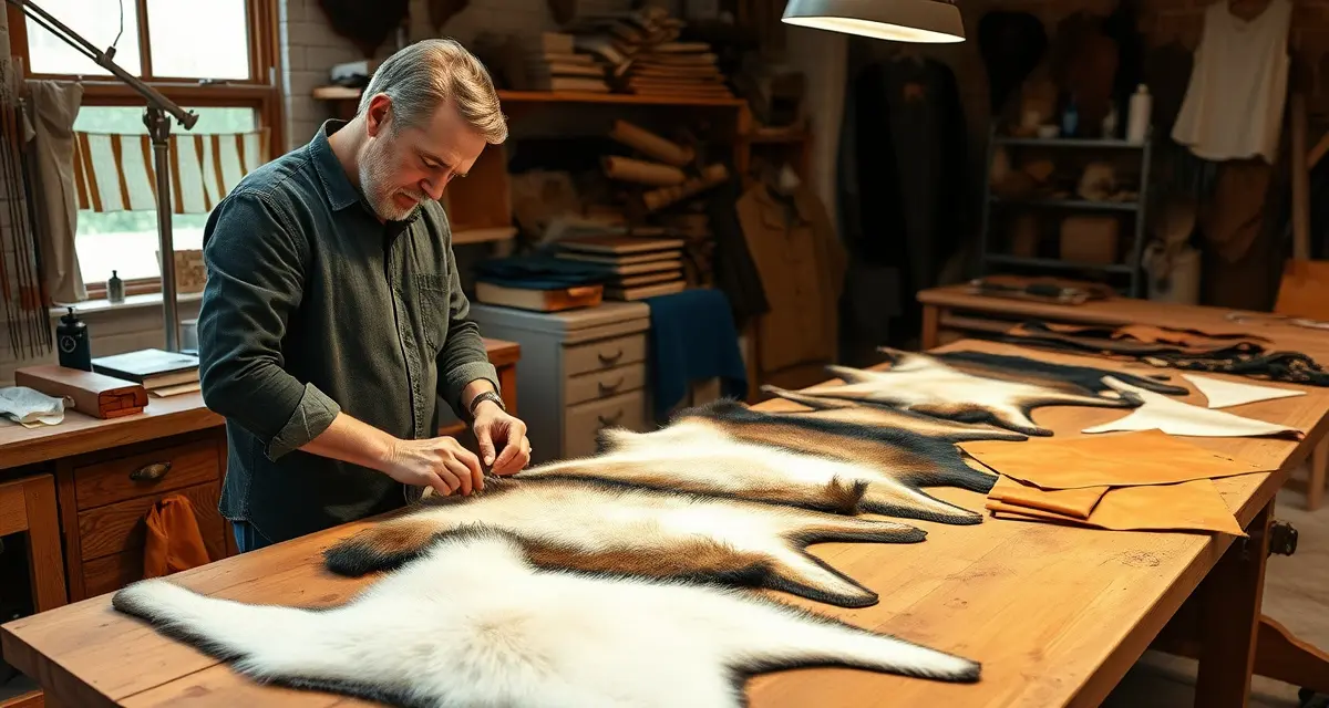 Assessing tannery quality through hide and cape inspection Taxidermy professional evaluating quality animal hides and tanned capes at workbench for tannery selection and production standards