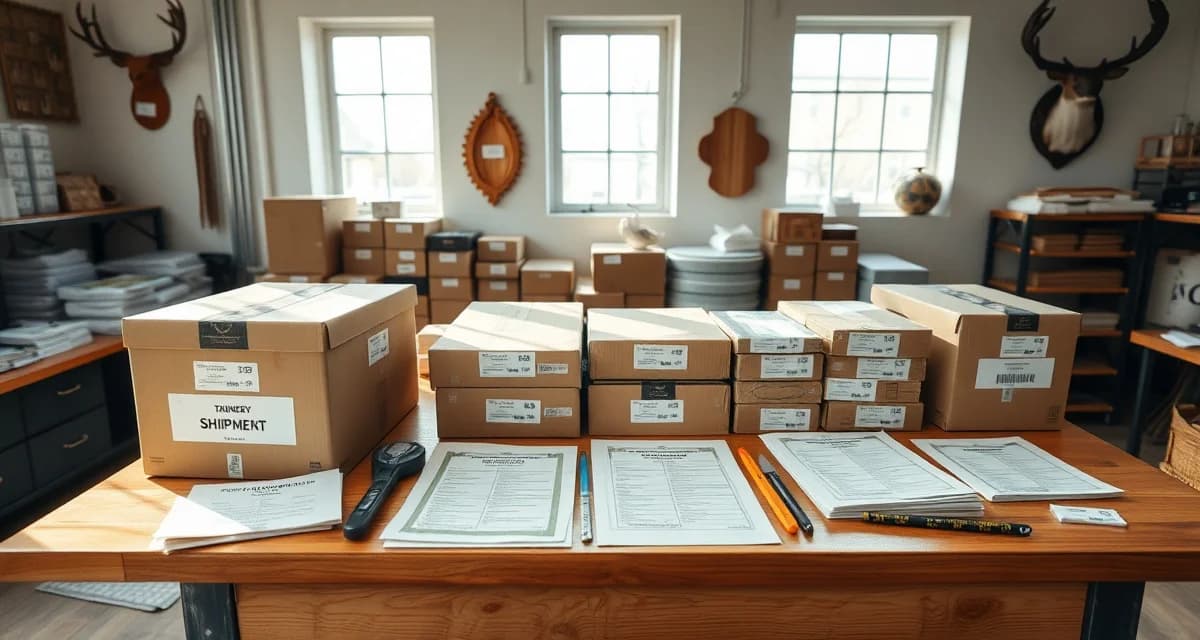Tannery Shipment Documentation Process Organized taxidermy shop tannery shipment checklist preparation with labeled boxes and documentation forms on work counter