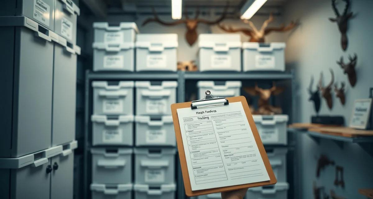 Tannery shipment tracking system for taxidermy shops Organized taxidermy shop tannery shipment log system with labeled containers and tracking documentation for hide management