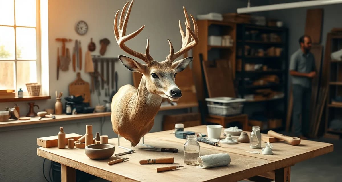 Professional taxidermy mount in progress Taxidermist working on a mounted deer head in a professional studio workspace with tools and materials