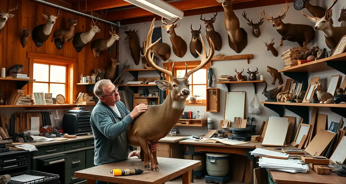 Taxidermy project timeline and wait time expectations Taxidermist carefully working on deer mount in professional shop, illustrating typical taxidermy wait time processes and craftsmanship involved.