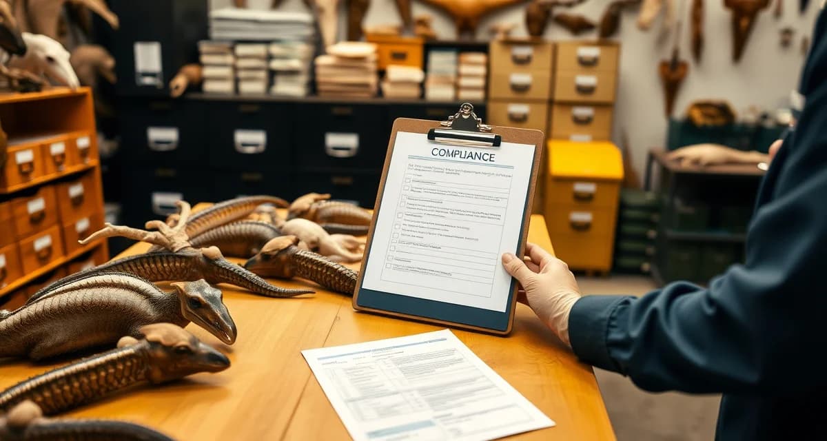 Compliance documentation for taxidermy specimen intake Organized taxidermy shop intake station with wildlife compliance checklist, documentation forms, and specimen handling procedures