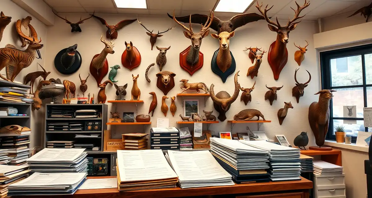 Taxidermy regulatory compliance essentials Taxidermy shop compliance setup showing federal permit documentation and wildlife regulation reference materials organized on workspace