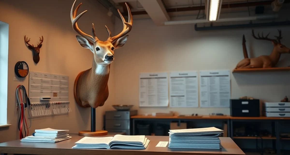 Wildlife violation response protocol for taxidermy businesses Taxidermy shop compliance documentation and wildlife violation response materials organized on a professional workspace desk