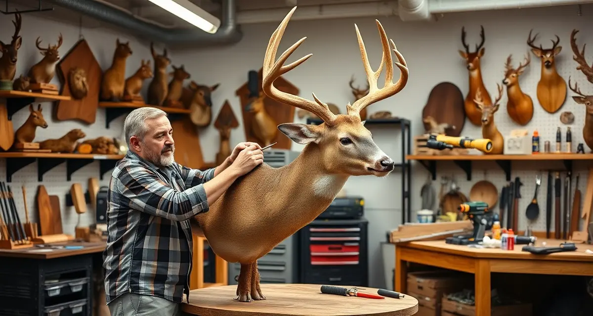 Trophy taxidermy craftsmanship and shop operations Professional taxidermist working on whitetail deer mount in modern Tennessee taxidermy shop with management software tools visible