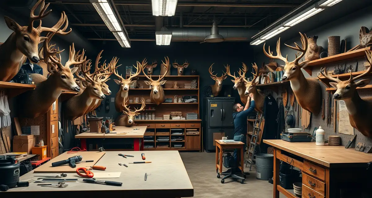Deer season preparation workflow for Texas taxidermy shops Texas taxidermist shop preparing for early September deer season with organized workstations and mounted specimens