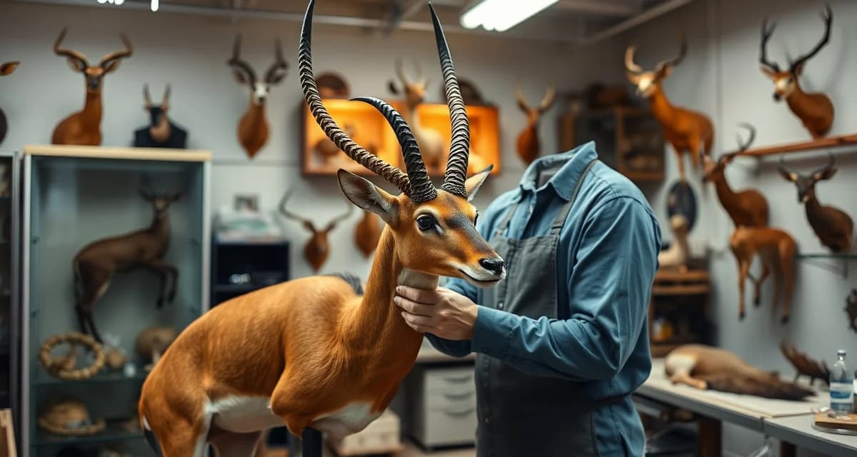 Expert taxidermy management for exotic ranch mounts Taxidermist crafting exotic animal mount in professional workshop with CITES-compliant tracking systems