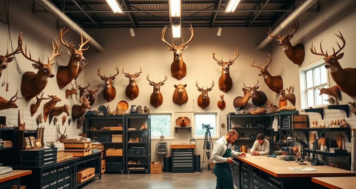 Professional taxidermy workshop with mounted specimens Taxidermy shop management software interface displaying deer mount inventory and workflow organization for Texas taxidermy businesses