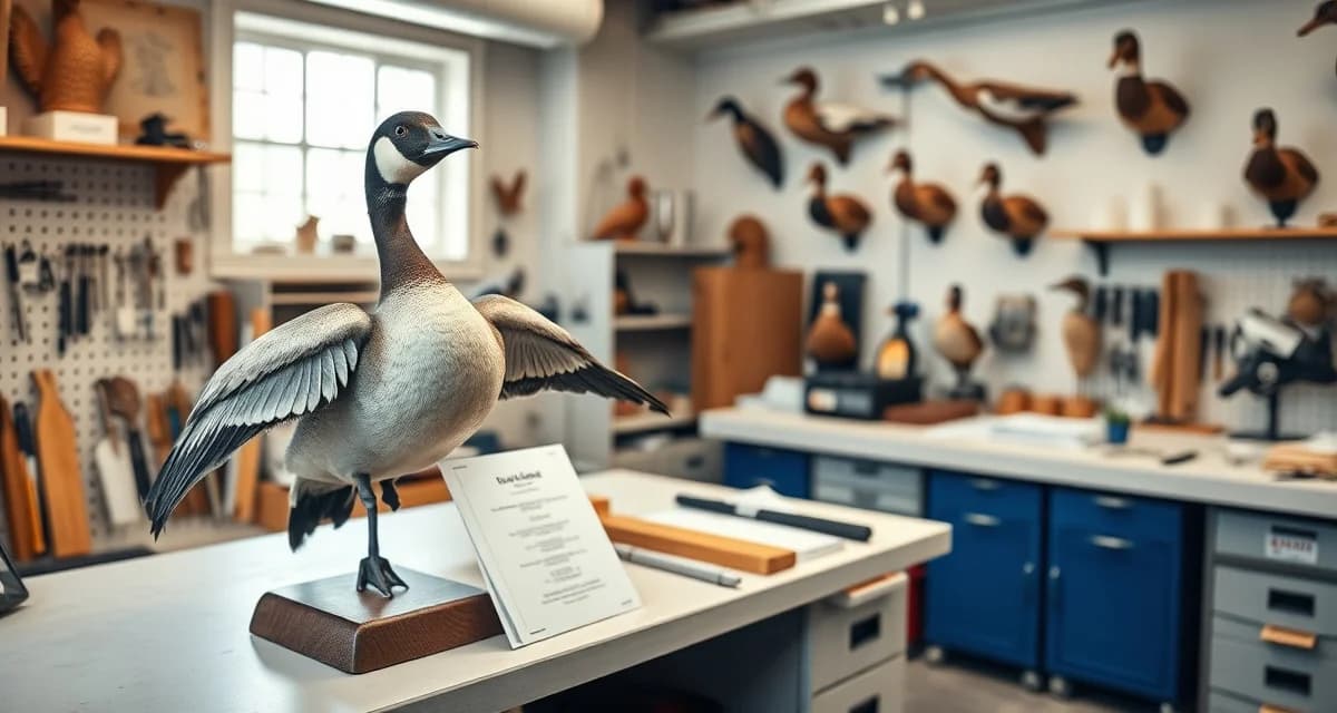 Professional waterfowl taxidermy preparation workspace Organized taxidermy workspace with waterfowl mounts and TPWD documentation records for Texas seasonal intake preparation