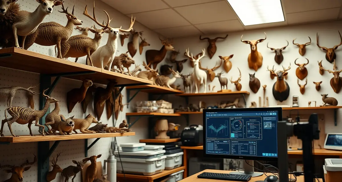 Real-time taxidermy order tracking software dashboard Taxidermist workshop with mounted specimens and digital order tracking system displayed on computer screen for customer updates