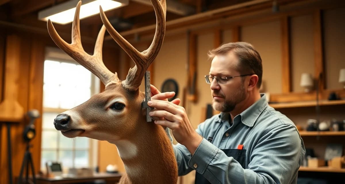 Official deer antler measurement and scoring process Professional taxidermist using certified measuring tools to score trophy deer antlers for Boone and Crockett record book submission
