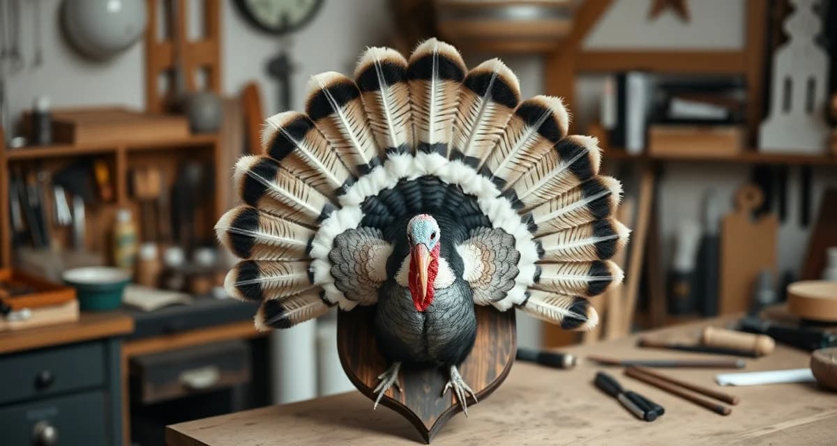 Turkey fan mount taxidermy display example Completed turkey fan mount display showing spread tail feathers, beard and spurs on wooden panel, representing 4-10 week taxidermy project timeline.