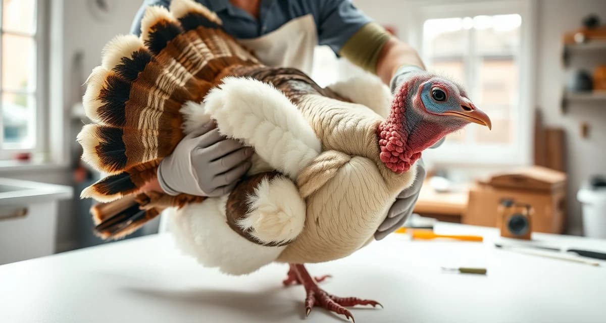 Professional turkey field care for taxidermists Taxidermist demonstrating proper turkey field care handling techniques to preserve delicate feathers before mount preparation.