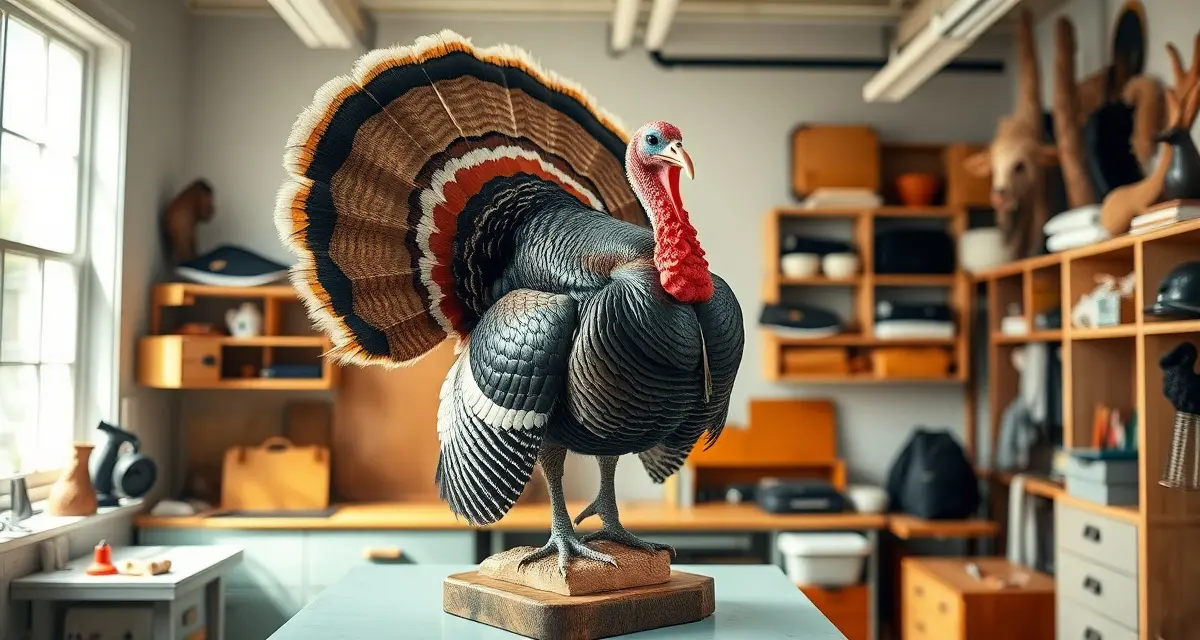 Mounted wild turkey with fanned tail display Professional turkey mount display showing iridescent plumage and fanned tail, exemplifying spring taxidermy work for Tennessee shops during turkey season.