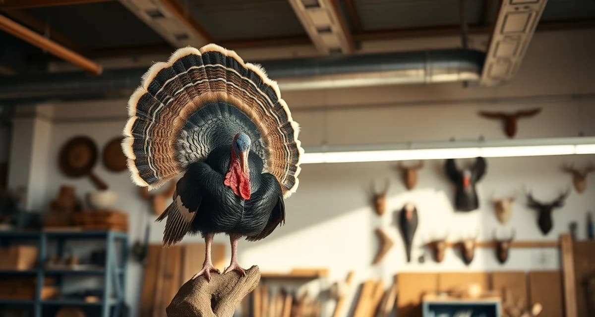 Turkey mount pricing and craftsmanship example Professional turkey taxidermy mount displaying fanned tail feathers and body positioning for pricing reference in taxidermy shop.