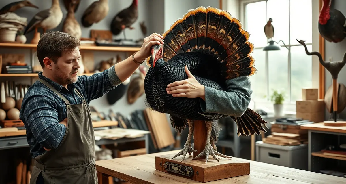 Professional turkey taxidermy mounting process Taxidermist positioning a turkey mount during spring season intake, demonstrating proper specimen handling for turkey taxidermy jobs