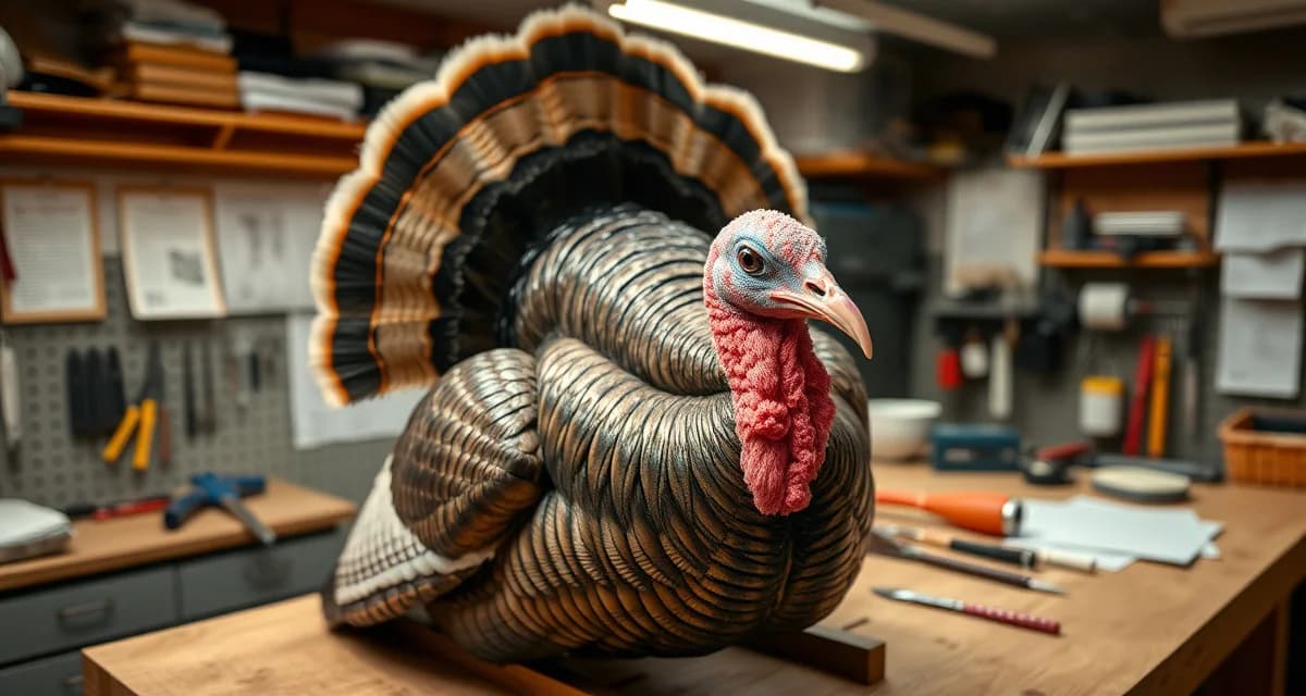 Turkey taxidermy seasonal workflow setup Professional taxidermist preparing wild turkey mount during spring season with organized workspace and compliance documentation