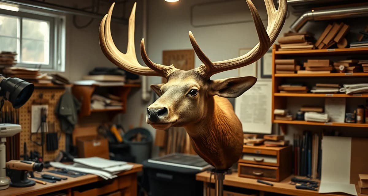 Expert elk taxidermy preparation for Utah hunting season Professional taxidermist carefully working on a mounted Utah elk head trophy with precision tools in a well-lit workshop setting.