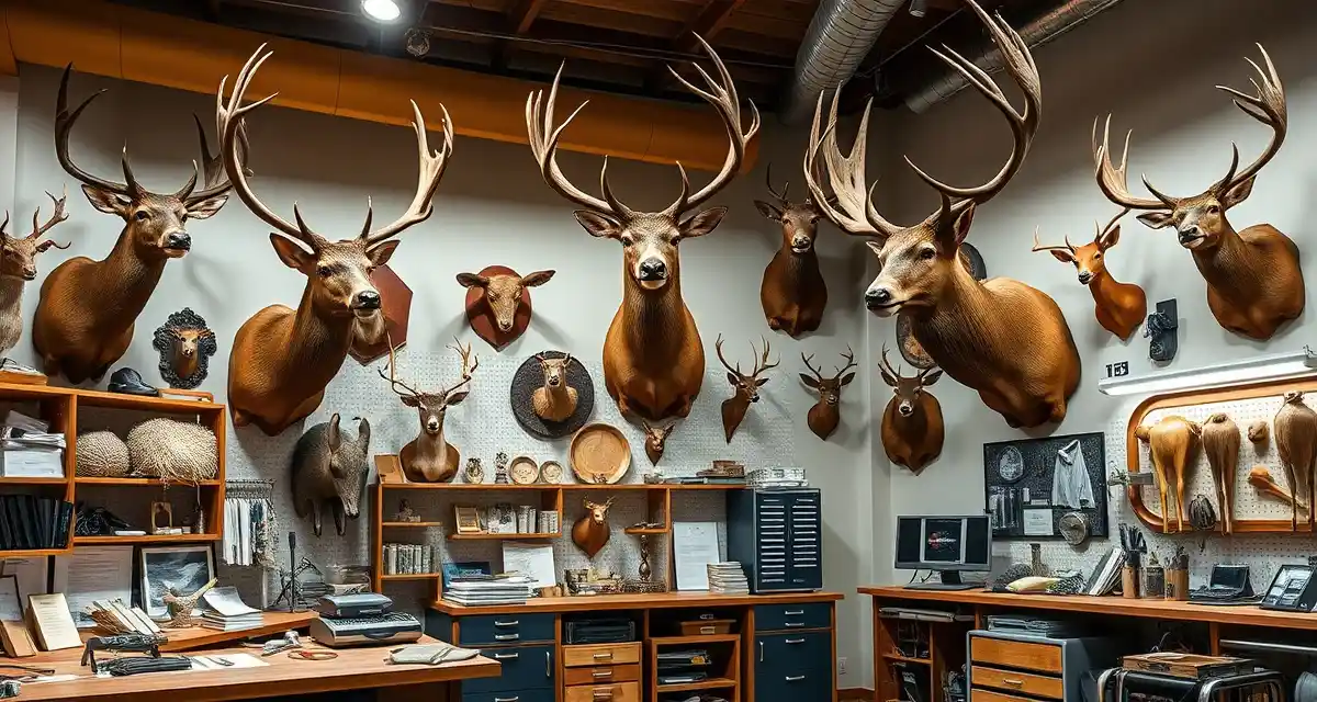 Trophy taxidermy workshop with Utah draw-tag management Professional taxidermy shop displaying mounted trophy elk and mule deer with organized management systems for Utah hunters and documentation