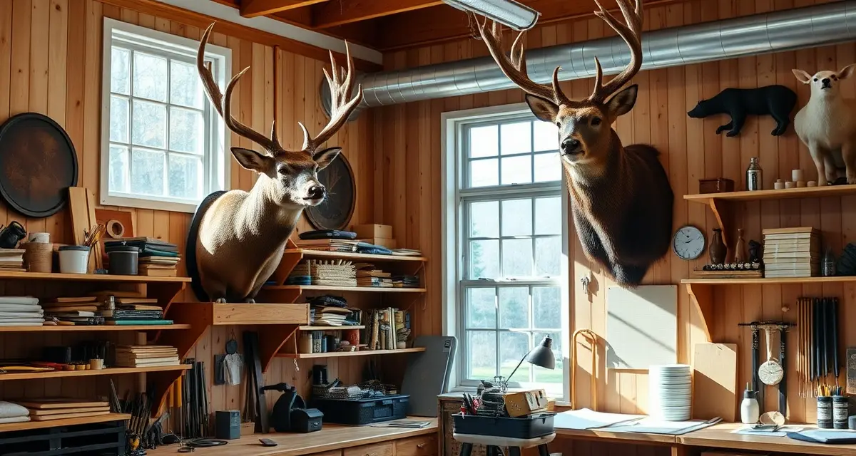 Vermont taxidermy business management workspace Organized taxidermy shop workspace featuring mounted deer and bear specimens with professional management systems for Vermont shops