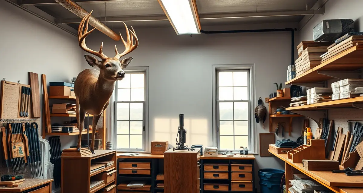 Taxidermy business management solution for Virginia shops Professional taxidermy shop workspace with mounted whitetail deer trophy and organized management systems for Virginia taxidermists