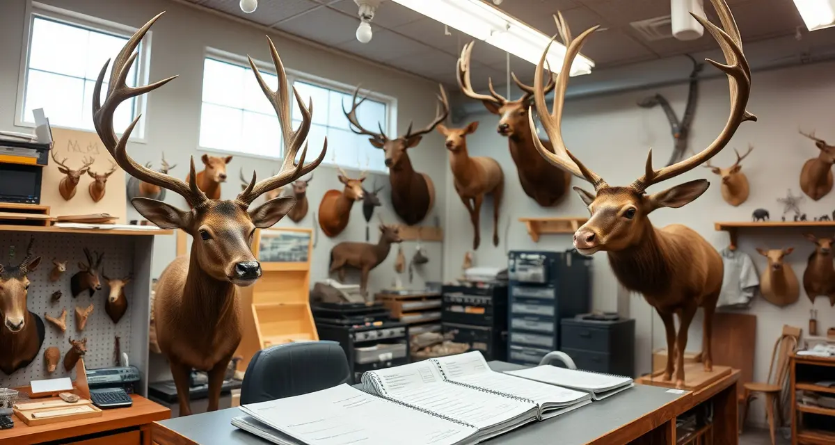 Professional taxidermy workspace management Taxidermy shop management setup in Washington with Roosevelt elk mount and documentation records for compliance tracking.