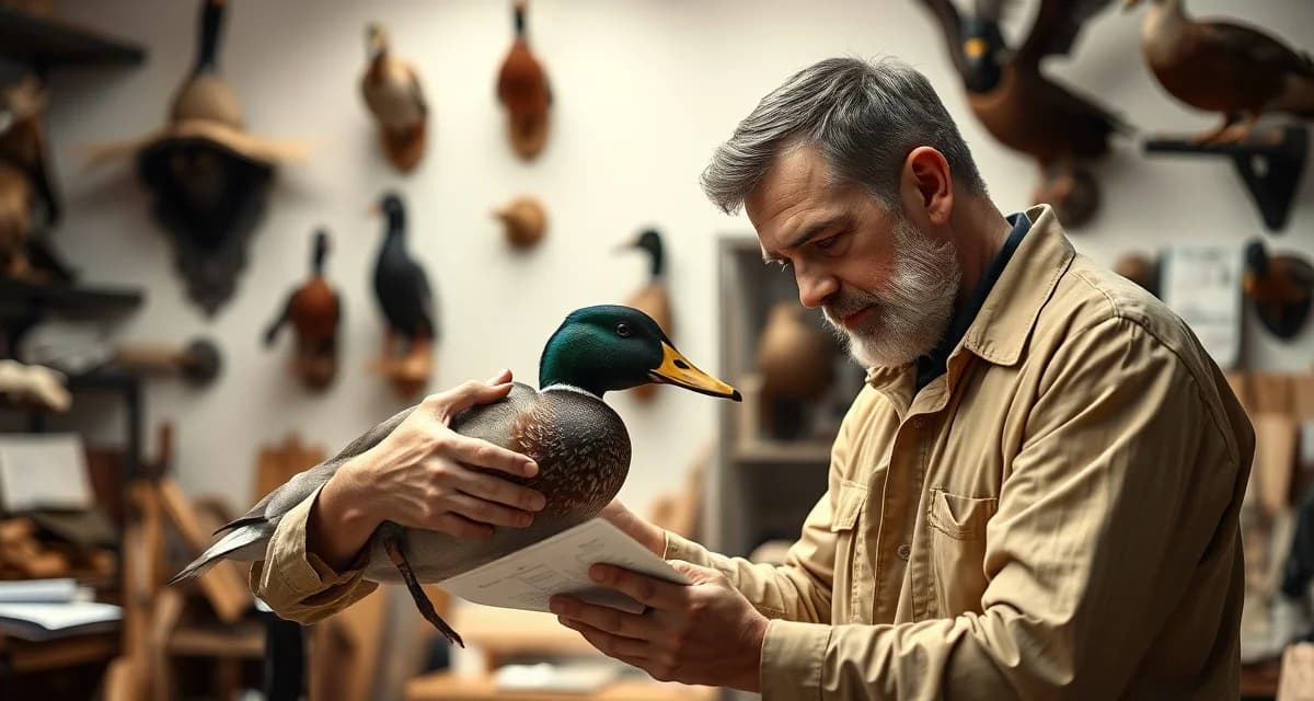 Federal permit compliance for migratory bird taxidermy Taxidermist verifying waterfowl taxidermy permit documentation before mounting a duck specimen in professional workshop