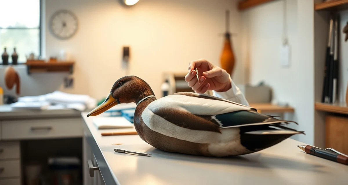 Professional waterfowl taxidermy preparation techniques Taxidermist preparing waterfowl specimen during peak season with proper skin prep techniques for duck and goose mounts.