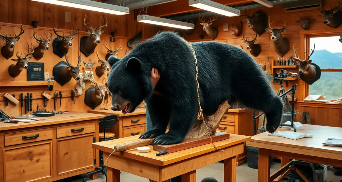 Taxidermy shop management workflow in West Virginia Professional taxidermist working on black bear mount in West Virginia shop with mountain views and wildlife specimens