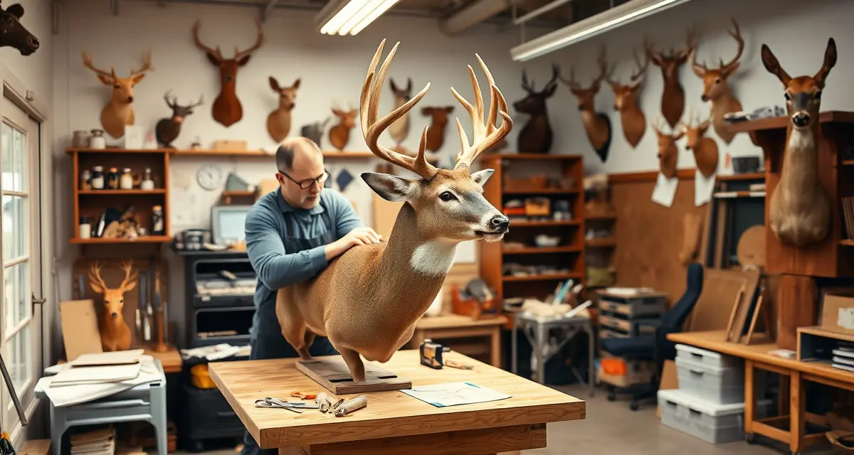 Professional deer taxidermy job tracking workflow Taxidermist working on whitetail deer shoulder mount with organized tracking system for job management and timeline organization