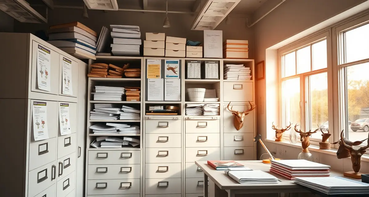 Professional taxidermy compliance documentation setup Organized taxidermy shop workspace displaying wildlife compliance records, species documentation, and federal permit filing system for proper regulatory management.