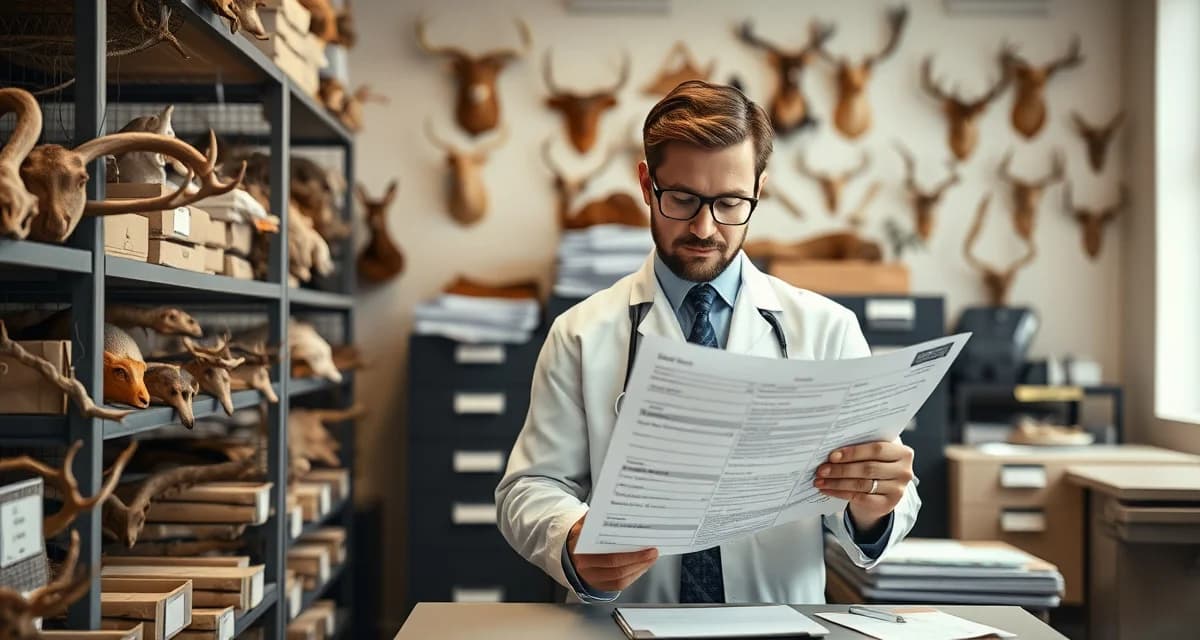 Compliance documentation and record management for taxidermy operations Taxidermist reviewing wildlife compliance documentation and records management system for regulatory adherence and licensing requirements.