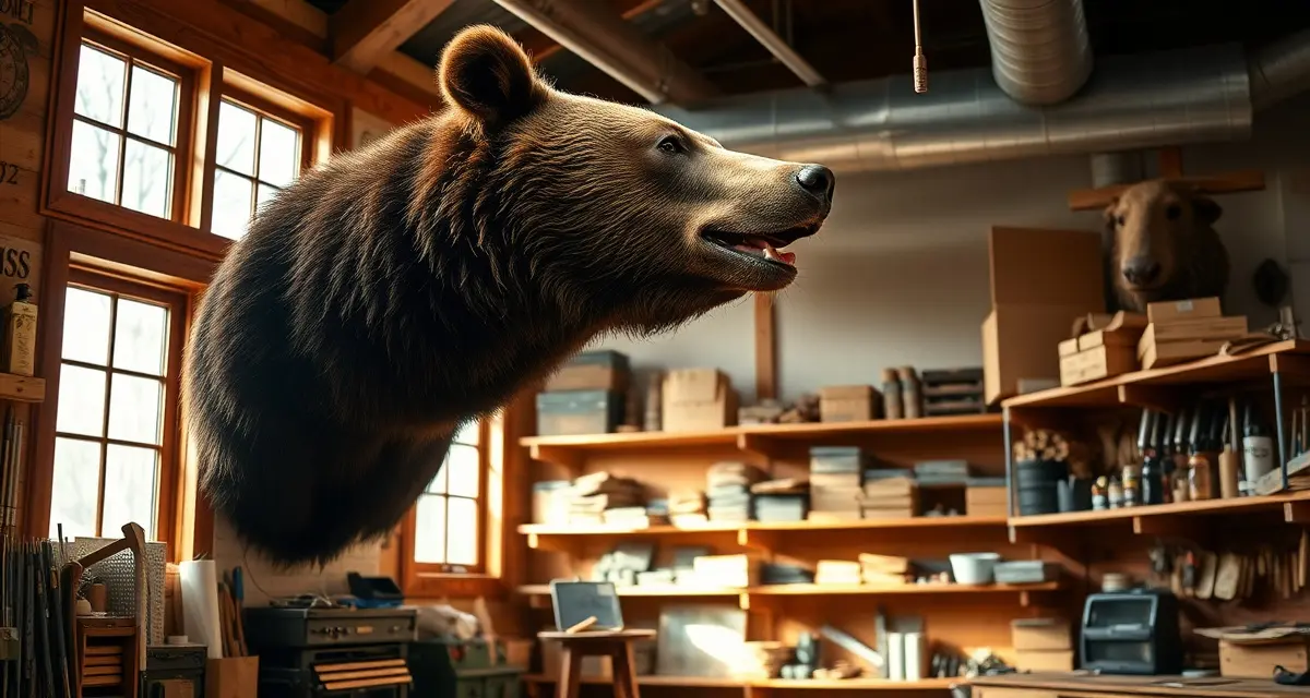 Professional bear taxidermy shop setup Wisconsin taxidermy shop prepared for bear season with organized workspace and mounted bear head display