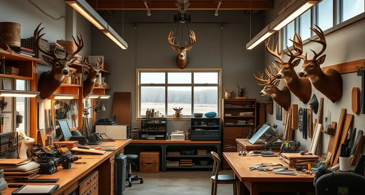 Wisconsin taxidermy shop during peak deer season preparation Organized taxidermy shop workspace prepared for Wisconsin's peak 9-day deer hunting season with mounted specimens and professional equipment