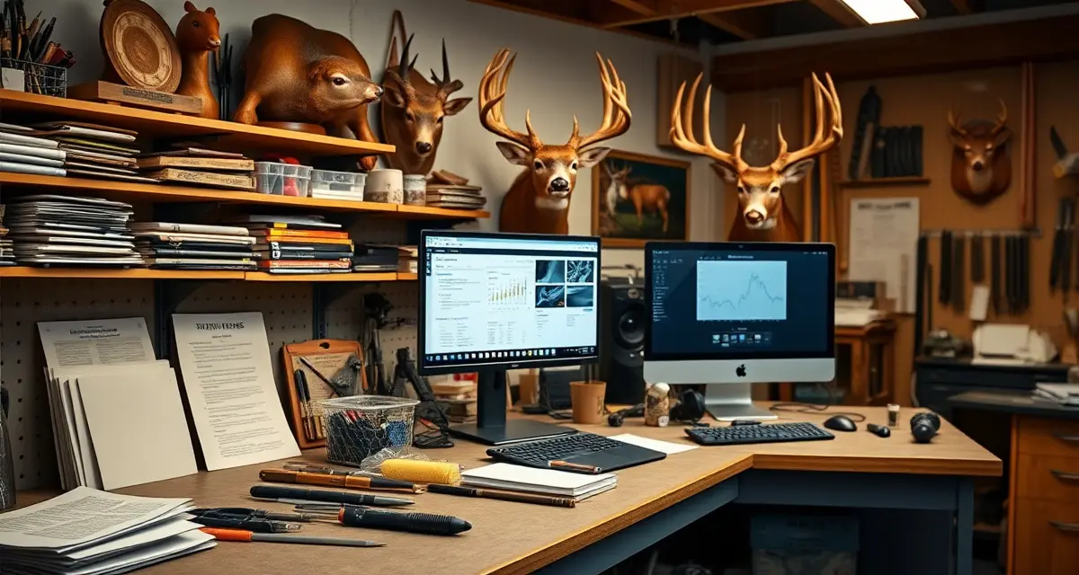 Wisconsin Taxidermy Business Management Setup Taxidermist workspace with deer mount and shop management software on computer screen during Wisconsin hunting season
