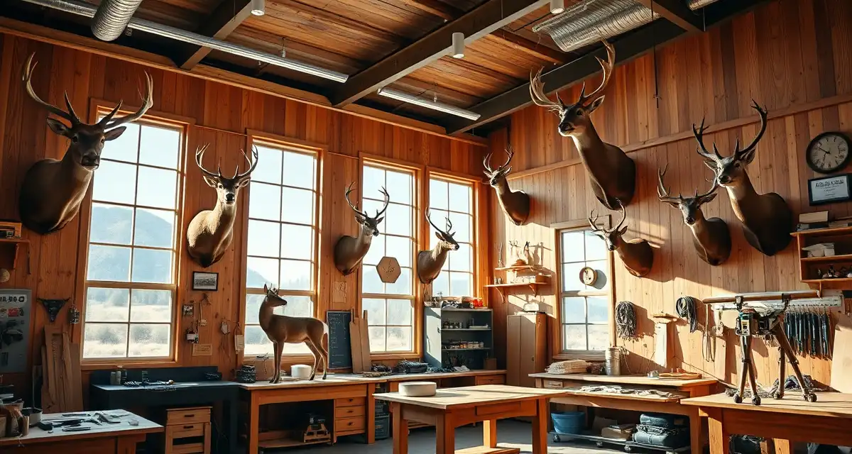 Taxidermy shop management workspace for Wyoming trophy hunters Professional taxidermy shop workspace with mounted Wyoming elk and pronghorn trophy displays, organized tools and workbenches